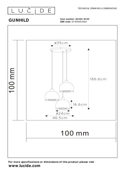 Lucide GUNHILD - Pendelleuchten - 3xE27 - Transparent - technisch